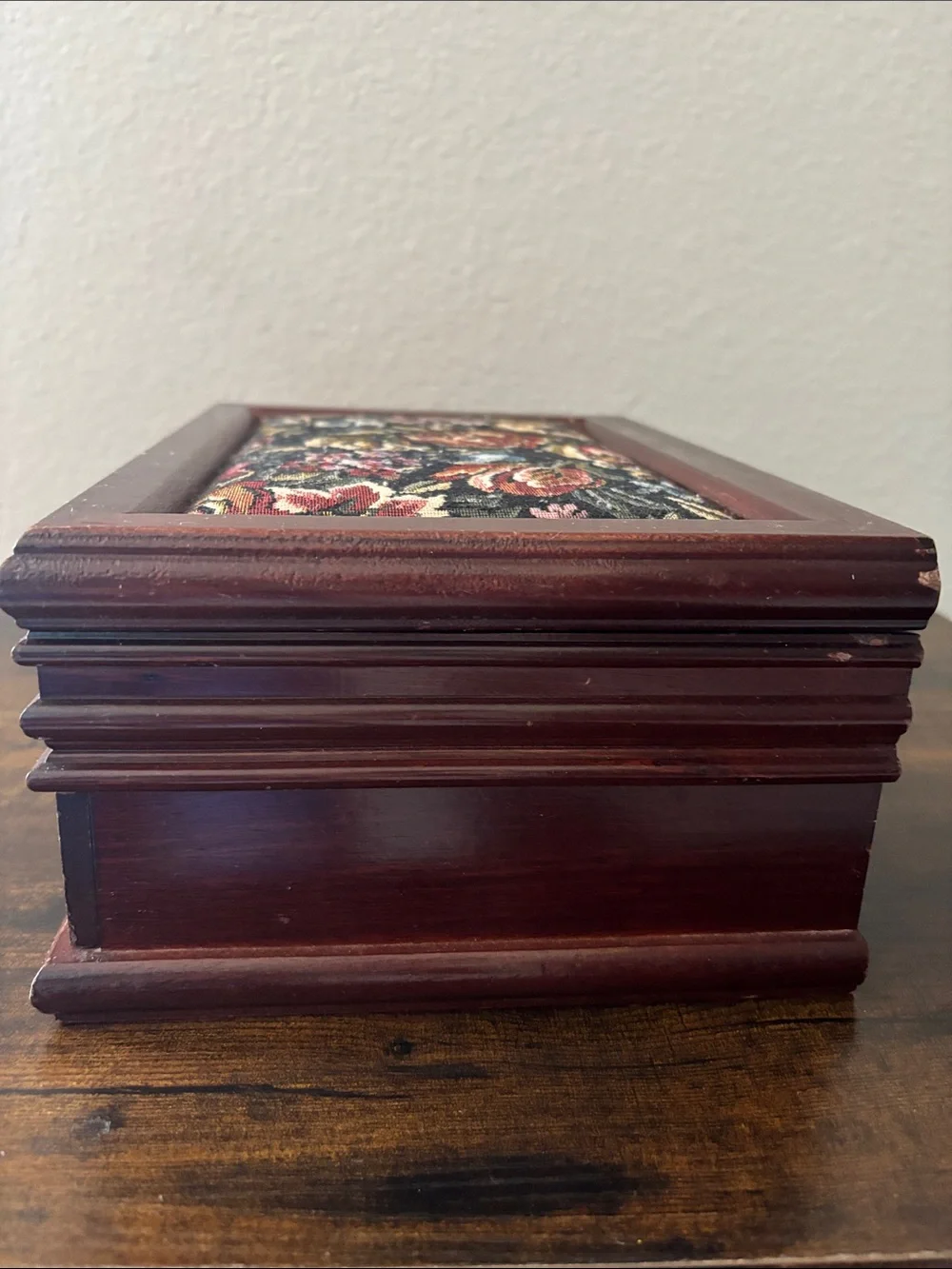 Vintage Wooden Jewelry Box Floral Needlepoint Tapestry Top Brown Burgundy